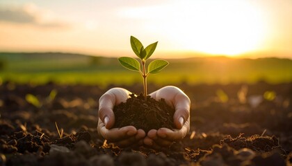 Hands Holding Young Plant Growing in Soil at Sunrise.