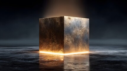 Solid cube of brushed gold with a textured patina sits on a reflective black surface, dramatically lit by a single, sharp spotlight.