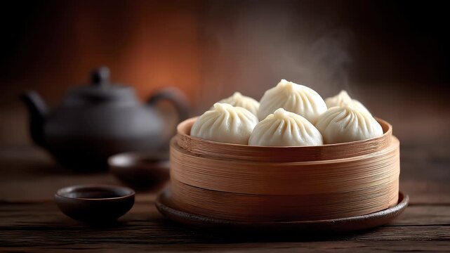 Steaming Delicious Soup Dumplings Presented in Bamboo Steamer
