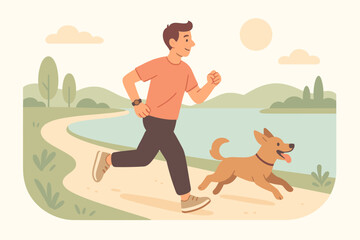 jogging with his energetic dog along riverside trail both enjoying the fresh morning air flat vector illustration style soft pastel colors isolated on white background