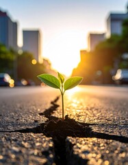 Urban Resilience: Plant Growing Through City Pavement.