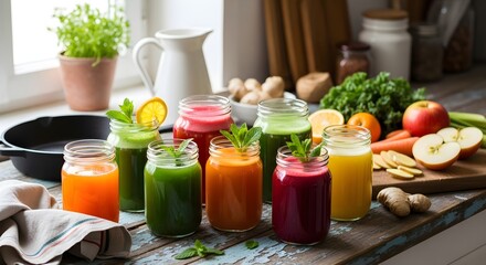 Colorful detox juices in jars on a rustic table, surrounded by fresh fruits and vegetables, symbolizing health and cleansing.