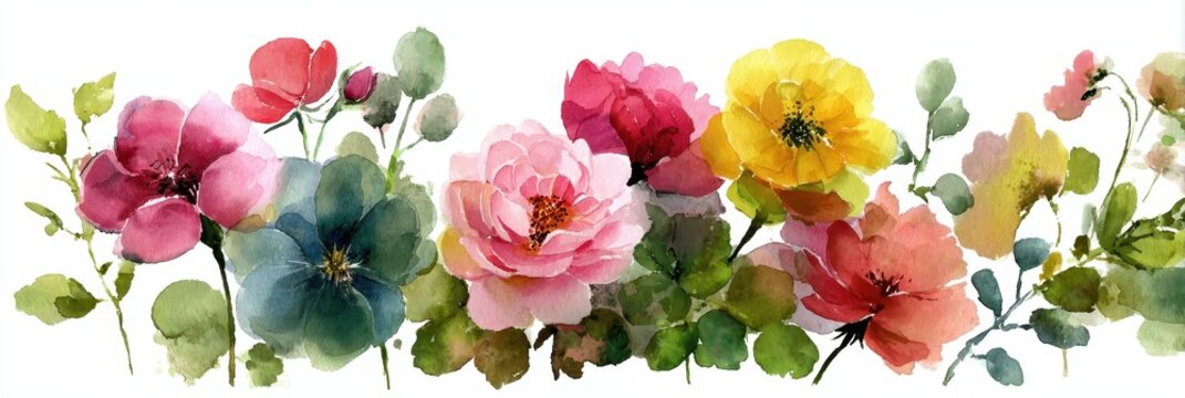Fiori Acquerello. Rose Flower and Summer Flora in Watercolor Wash Drawing