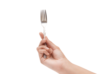 Elegant hand holding a shiny silver fork, isolated a
