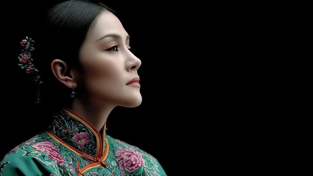 The side face of a woman in cheongsam shows the beauty of oriental classics