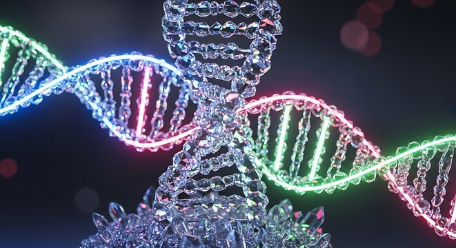 Stunning crystal DNA structure with vibrant neon lights symbolizes innovation, technology, and scientific advancement in a modern, elegant design - Powered by Adobe
