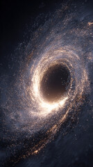 black hole glowing with swirling particle streams representing gravitational energy, cosmic forces, space phenomena, and futuristic astronomy
