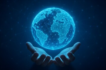 Glowing Digital Globe Network in Human Hands