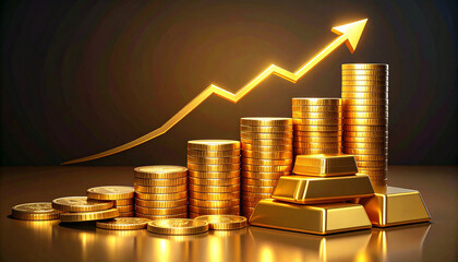 Stunning golden growth chart with coins and bars showing upward financial trend, perfect for investment and economic success visuals