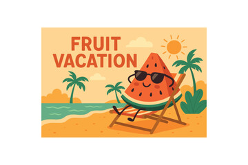 Funny banner of watermelon slice relaxing on beach chair with text FRUIT VACATION flat vector illustration style tropical summer palette cheerful mood