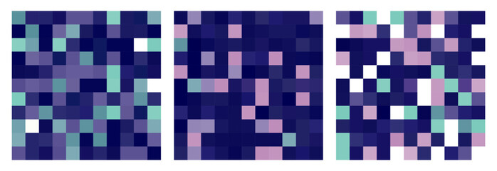 Abstract navy blue, purple colored small tiles background. Trendy mosaic art vector texture. Chequered bg in dark blue color. Minimal geometric backdrop. Set of 3 square vector mosaic seamless pattern