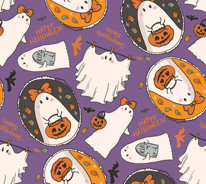 Funny trendy hand drawn doole halloween pattern background.