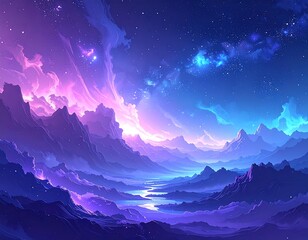A stylized landscape with mountains and a celestial, vibrant sky