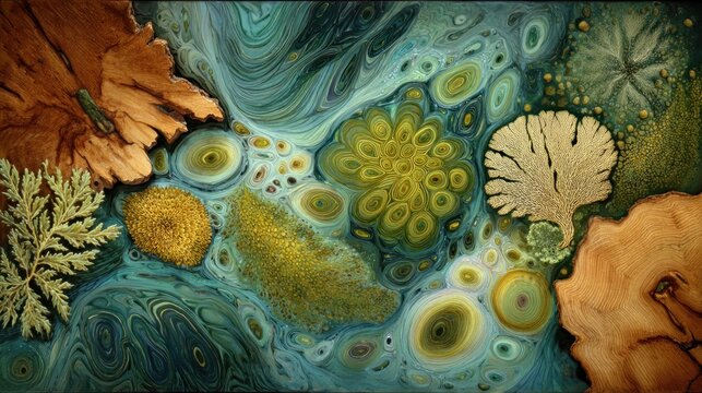 Abstract coral reef with swirling blue and green patterns