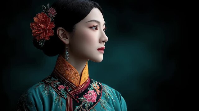 Classical Cheongsam Woman's Profile Shows Oriental Charm