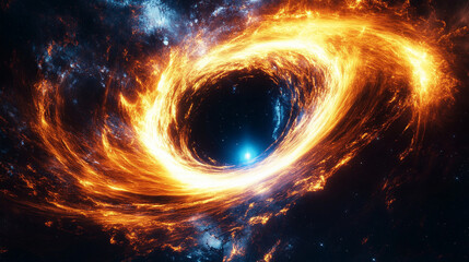black hole glowing with swirling particle streams representing gravitational energy, cosmic forces, space phenomena, and futuristic astronomy