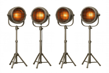 Four vintage theatrical spotlights on tripods illuminating, old industrial film studio lighting equipment