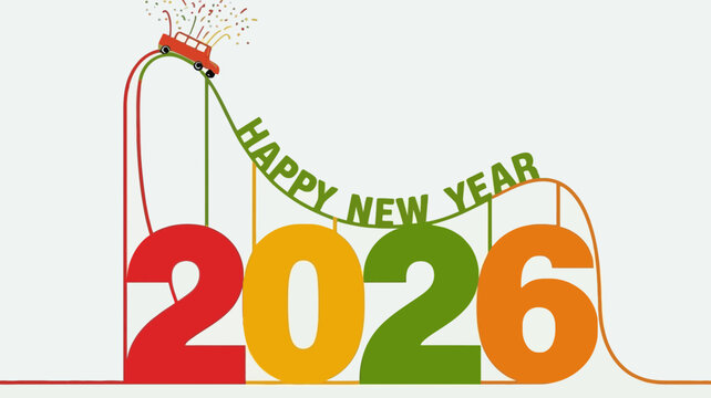 Happy new year 2026 roller coaster celebration with confetti