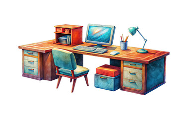 Illustration of a vintage desk setup with computer and desk lamp on black background