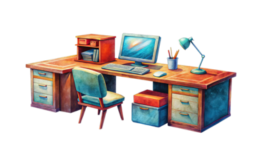 Illustration of a vintage desk setup with computer and desk lamp on black background