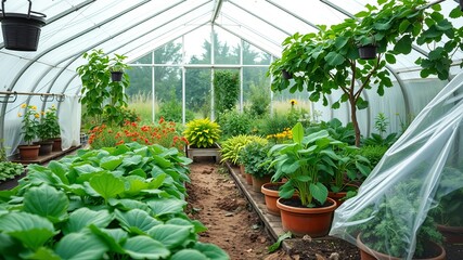 A bright greenhouse showcases lush plants growing in pots and in garden beds under translucent roof with abundant greenery visible through transparent walls.