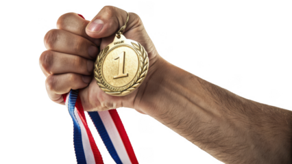 Hand holding a gold medal with ribbon isolated on transparent background