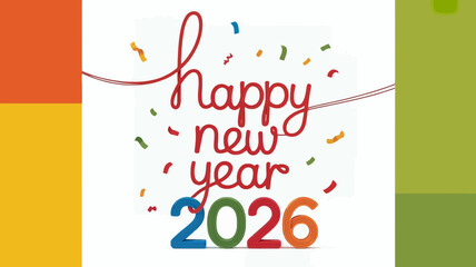 Happy new year 2026 celebration with colorful confetti and bold numerals