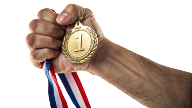 Hand holding a gold medal with ribbon isolated on transparent background