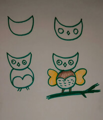 Stepbystep drawing guide showcasing how to draw a cartoon owl with simple shapes and colors on white background for kids and beginners tutorial art project