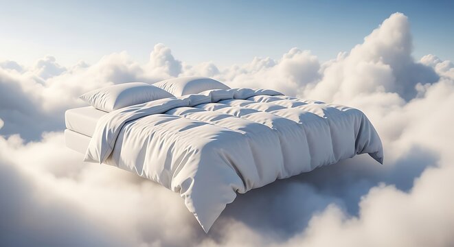 Dreamy bed floating amongst soft clouds under a bright sky