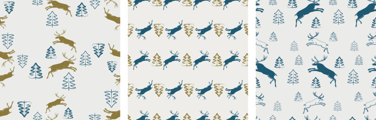 Wild deers and christmas trees silhouettes, seamless patterns, background, wallpaper, wrapper, paper, textile, vector illustration