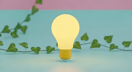 Glowing light bulb with green vines on pastel background