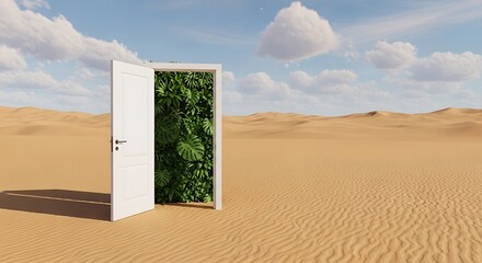 Doorway to lush greenery in a vast desert landscape