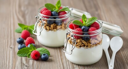 Healthy yogurt parfaits with fresh berries and granola