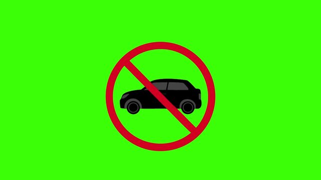 a flat-style vector icon of a black car inside a red prohibition circle and slash, no background, using only black and red colors.