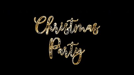 Christmas Party glowing golden text with carved-style letters. Flickering shine and light effects animated on a black background. Includes isolated alpha channel for transparent compositing. Exported - Powered by Adobe