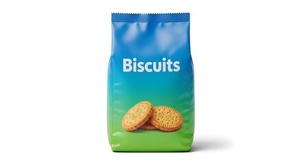Blue and green bag of biscuits with two biscuits on the front