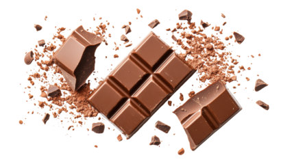 Chocolate bar with broken pieces and cocoa on clear background