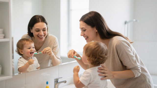 Tender morning scene of mother guiding toddler while brushing teeth together in front of mirror, bright minimalist bathroom and nurturing atmosphere