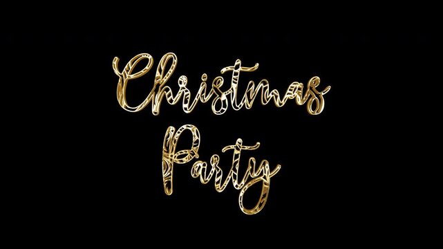 Christmas Party glowing golden text with carved-style letters. Flickering shine and light effects animated on a black background. Includes isolated alpha channel for transparent compositing. Exported 