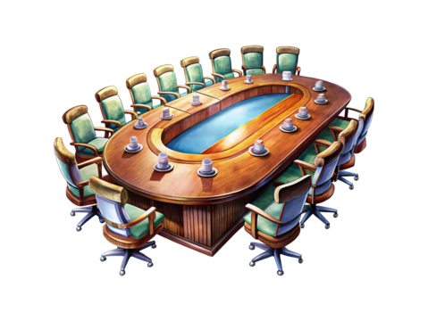 Artistic depiction of conference room with large table surrounded by chairs