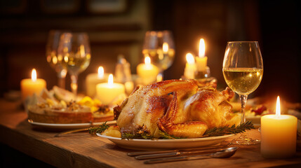 Roasted whole turkey plated on a festive wooden table surrounded by lit candles, wine glasses and side dishes, creating a warm cozy holiday dinner atmosphere with rosemary and golden glaze.