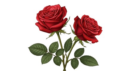 Two elegant red roses with green leaves on a white background