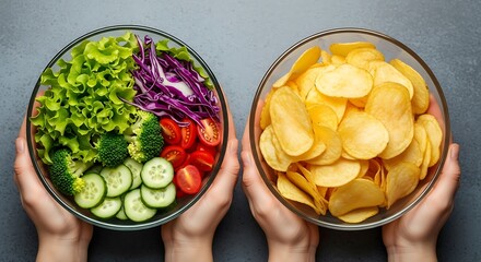 Healthy salad versus unhealthy potato chips choice