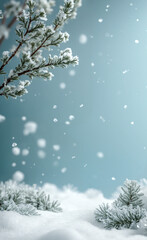 Frosty pine branches and snowy ground against an icy blue backdrop with falling snow. Vertical winter wonderland background with copy space for holidays.