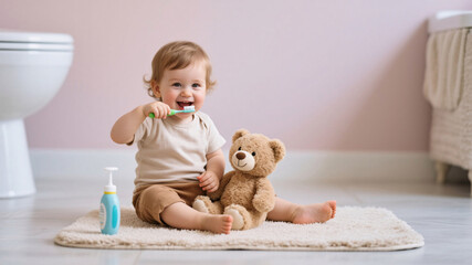 Toddler sitting on soft bathroom rug brushing teeth of stuffed bear, joyful and educational lifestyle photo symbolizing imitation and learning through play