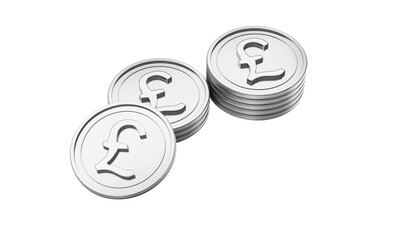 Shiny silver pound coins stacked and scattered on a dark background,