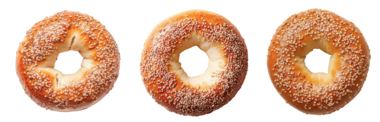 Cinnamon Sugar Delights: Three freshly baked, golden bagels adorned with a generous coating of sweet, aromatic cinnamon sugar, arranged invitingly, promising a delectable treat.