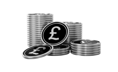 Shiny silver British Pound coins illustrate financial growth and investment.