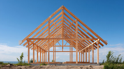 Wooden house frame under construction on a coastal site, exposed timber rafters and posts forming a pitched roof structure against a clear blue sky and distant water horizon.